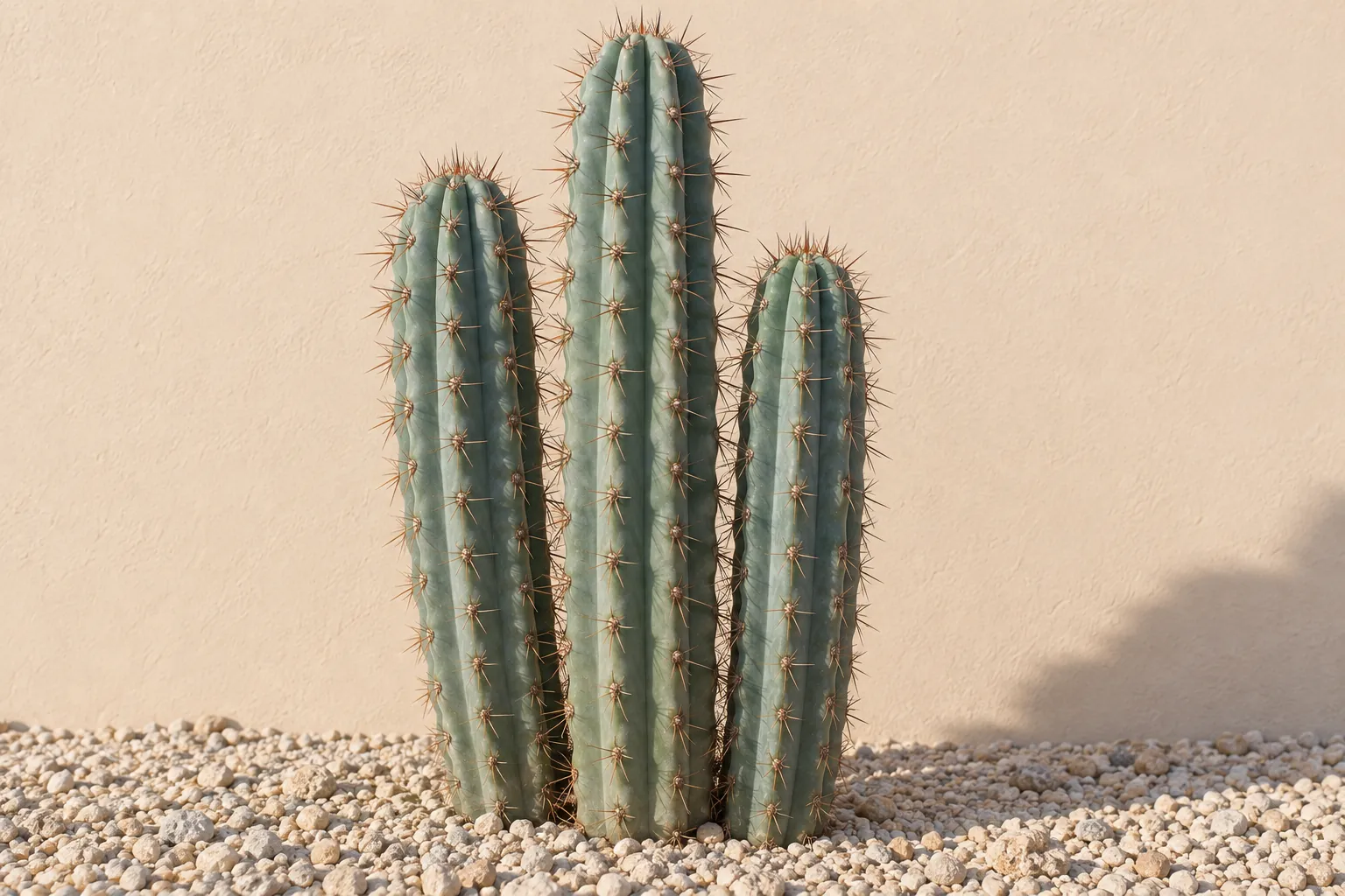 Tres columnas verde azuladas de antorcha peruana con grupos de espinas largas y marrones