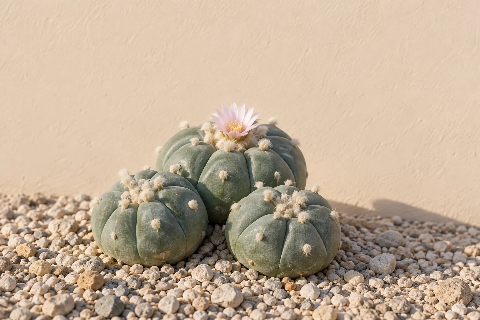 Tres peyotes, botones bajos de color verde azulado sin espinas, uno con una flor rosa, sobre grava clara